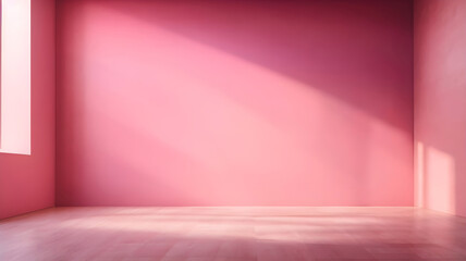 Background image of an empty room in pink color with the play of light and shadow on the walls and floor for design or creative work. Great for product presentations and mockups.