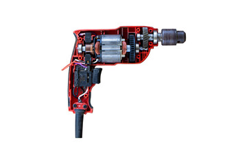 Inside of electric drill old red perforator isolated on cut out PNG with clipping path. Tools for...