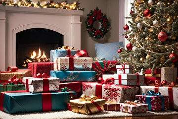 Vibrant gift stack beneath a twinkling tree, capturing holiday anticipation and joy.