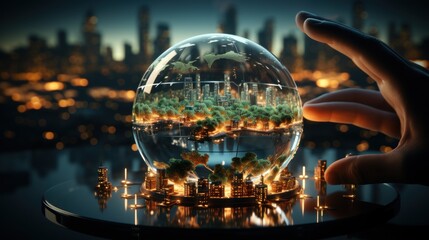 green city in beautiful glass ball with blur background