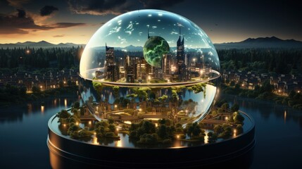 green city in beautiful glass ball with blur background - obrazy, fototapety, plakaty