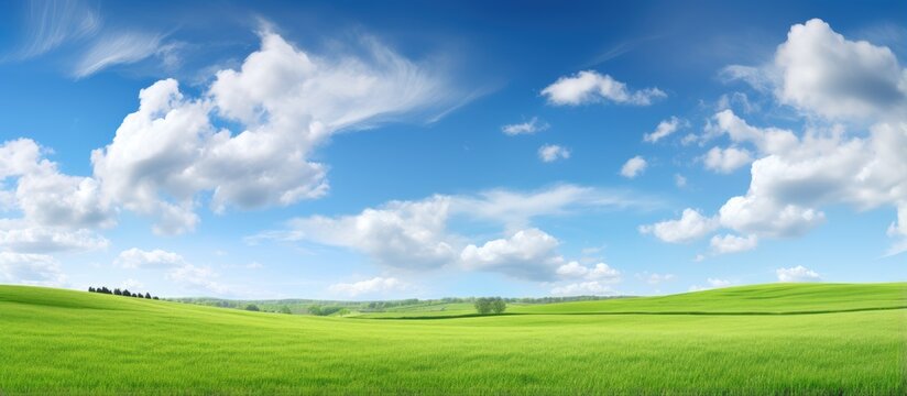 Spring meadow with green field and blue sky panoramic landscape view