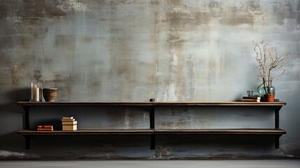 Interior Room Gray Walls Concrete Background and Cement Floor Shelves