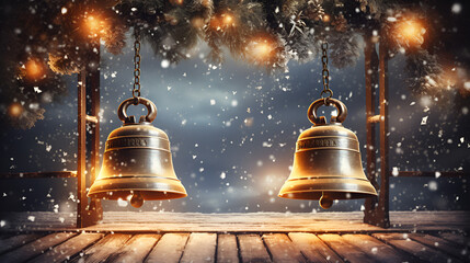 A collection of golden bell ornaments hanging on a snowy christmas background radiating elegance and festive cheer  - obrazy, fototapety, plakaty