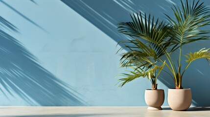 Cement wall background blue color shadow of palm in pot
