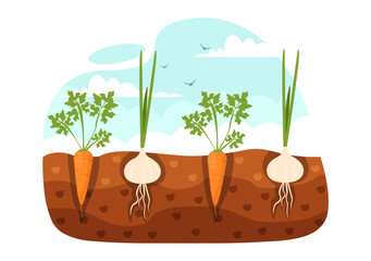 Growing Vegetables Vector Illustration with Harvest, Farming Various Vegetable and Organic Natural Crop at a Garden in Kids Cartoon Background Design