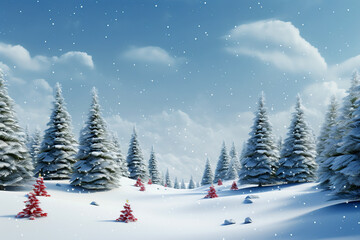 Fototapeta na wymiar Christmas trees covered with snow on winter landscape background Generative AI