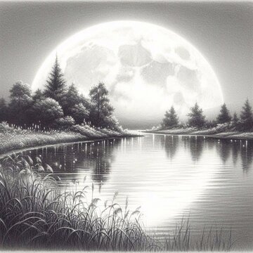 pencil sketch a serene lakeside scene, with moon © MASOKI