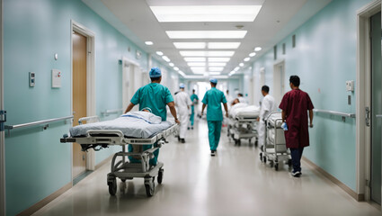 Hospital emergency team rush patient on gurney to the operating theater. - obrazy, fototapety, plakaty