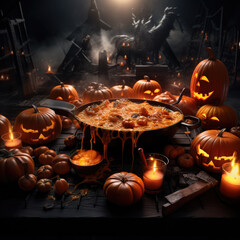 Food in halloween party. pumpkins and candles. scary table fantasy concept horror