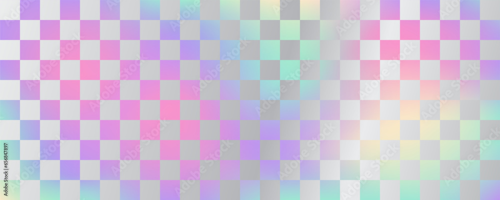 Poster holographic foil checkerboard background. iridescent gradient texture. vector chessboard geometric w