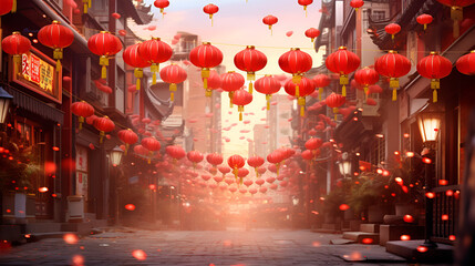 Beautiful decorated streets with yellow and red lanterns during chinese new year generative with ai

