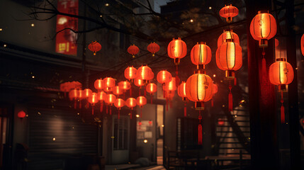 Chinese streets filled with lanterns with dim light, 
Radiant Chinese Lanterns: Nighttime Festival...