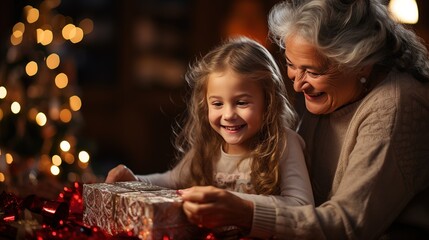 Obraz na płótnie Canvas Grandmother and granddaughter open Christmas gifts on Christmas night, the atmosphere of celebration and kindness