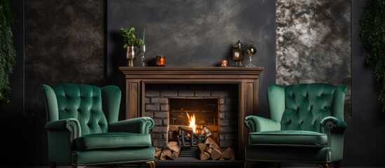 Antique green armchairs by the fireplace inside