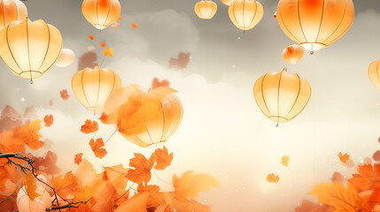 Red orange and yellow chinese lanterns to celebrate traditional chinese new year in the sky and with autumn leaf background generative ai
