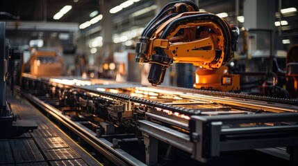 Large Production with Industrial Robot Arm in Modern Factory. Solar Panels are being Assembled automatically on Conveyor.