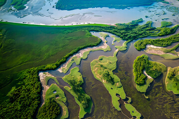 Aerial view of a river delta with lush vegetation and winding channels - Powered by Adobe