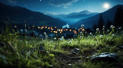 the view of lush green grass in the fields and hills at night is beautiful - obrazy, fototapety, plakaty