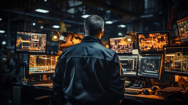 Industrial engineer checking automation robot arm machine control in industrial intelligent factory via system on virtual interface screen, Industry 4.0 concept