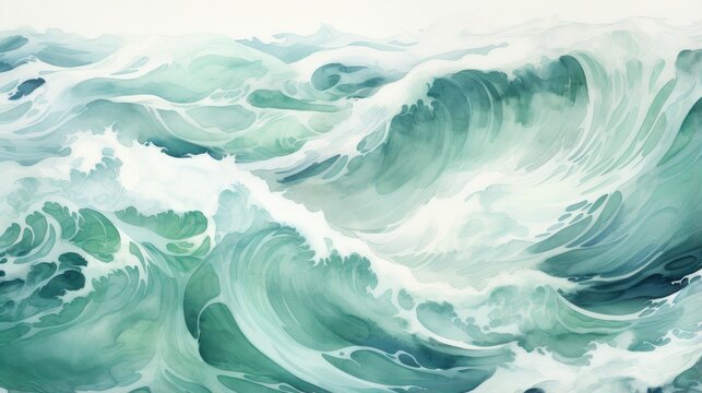 soothing watercolor sea waves and green design. abstract background
