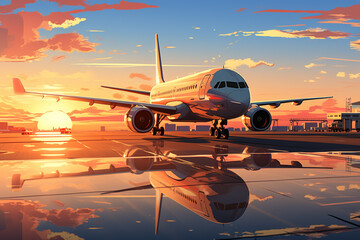 Fototapeta na wymiar Airplane on the runway in the airport at sunset. 3d render