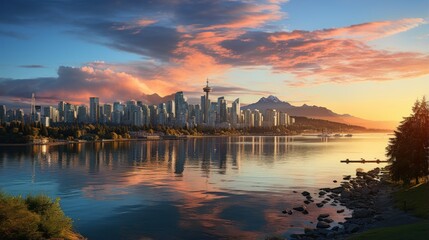 Naklejka premium modern city skyline with views of buildings, lake and mountains at sunset.