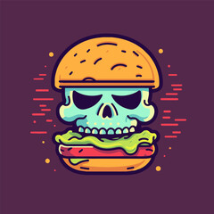 Skull burger fast food icon. Vector illustration in cartoon style.