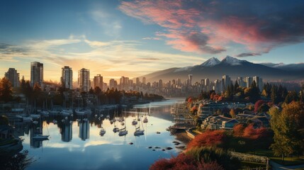 Fototapeta premium modern city skyline with views of buildings, lake and mountains at sunset.