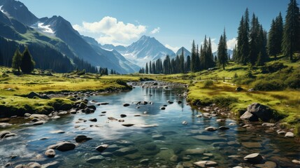 Panorama of beautiful landscapes of valleys, rivers, mountains and bridges in summer