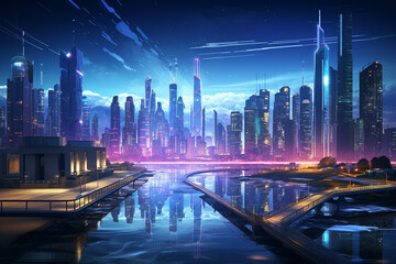 Futuristic city with neon lights. 3D Rendering.