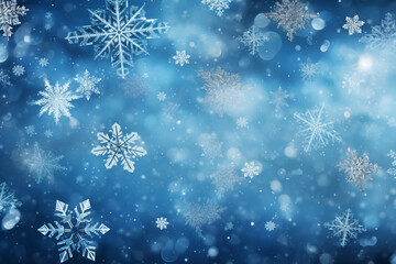 Fototapeta na wymiar Beautiful snowflakes on blue bokeh background. Christmas background