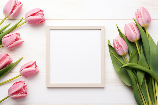 Pink tulips and blank photo frame on white wooden background. Top view with copy space