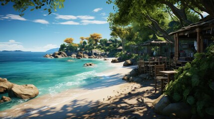 Natural view of tropical beach, beautiful sea, cafe by the beach on a sunny day