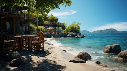 Natural view of tropical beach, beautiful sea, cafe by the beach on a sunny day - obrazy, fototapety, plakaty