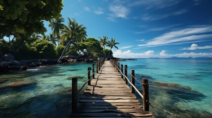 Stunning panorama of sandy tropical beach with silhouettes of coconut trees in clear sea and view of wooden bridge on the horizon