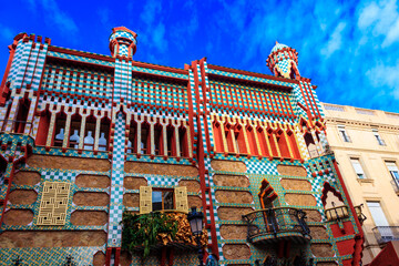Facade of Casa Vicens in Barcelona, Spain. It is first masterpiece of Antoni Gaudi. Built between...