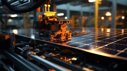 Industrial Robot Arm Grabs and Moves Solar Panels on Conveyor. Automated Manufacturing Facility. - obrazy, fototapety, plakaty