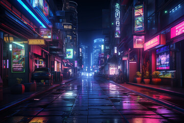 Night view of a street in Seoul, Korea. This is a 3d render illustration. - obrazy, fototapety, plakaty