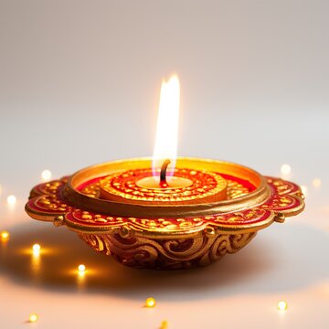 3d rendering of diwali diya with burning candles on white background
