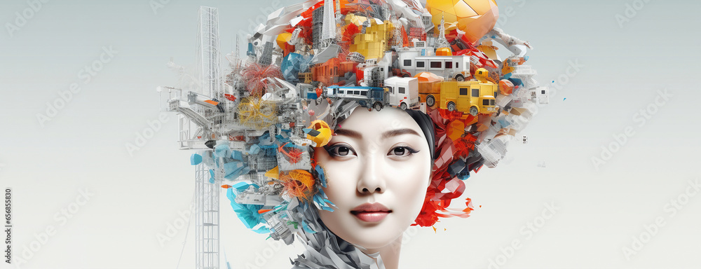 Wall mural Digital art on woman's head with Future container ship loading and unloading at sea port, freight transportation, nautical vessel, Overseas transportation international order concept. Generative ai - Wall murals