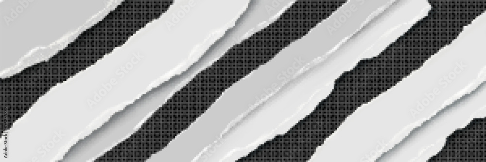 Poster torn paper strip edge, rip and tear piece texture vector design. blank ripped rough page note templa