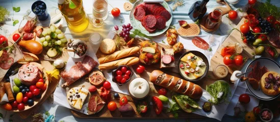 Foto op Canvas Assorted summer picnic food and drink layout including grilled meats kebabs salads pie cake and sandwiches © 2rogan