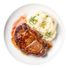 Plate of pork chop steak with mashed potato isolated.