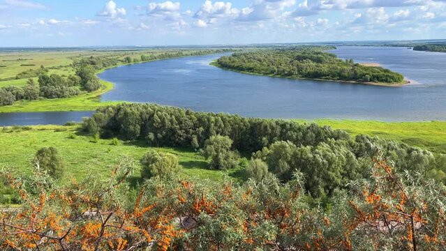 Picturesque view of the Kama River from the observation deck at the Yelabuga settlement. The movement of clouds over the river. Lower Kama National Park. Yelabuga, Republic of Tatarstan, Russia, 4K