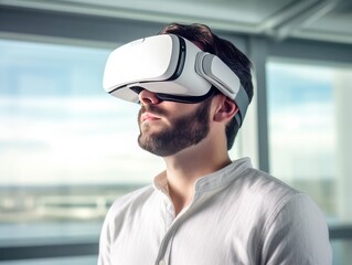 Young man wearing virtual reality glasses