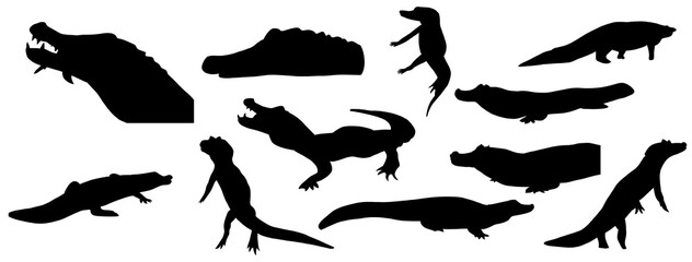 ワニ　黒　モノクロ　シルエット　　セット　イラスト