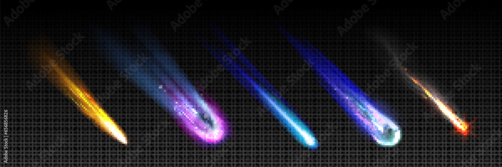 Poster falling and burning comet with light trail - realistic vector illustration set of space meteor or as