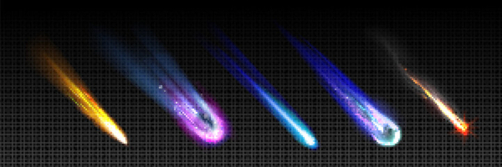 Falling and burning comet with light trail - realistic vector illustration set of space meteor or asteroid flying at high speed, flaming and leaving glow fire or ice tail behind. Star rain concept. © klyaksun