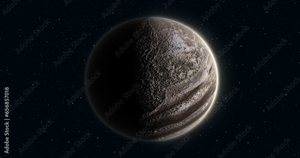 Poster abstract realistic space planet round sphere with a stone relief surface in space against the backgr